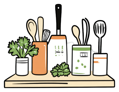 Kitchen Utensils and Herbs Organized on a Shelf png