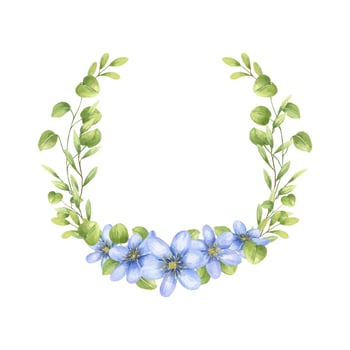 Watercolor blue blooming primroses with green leaves frame isolated background. Forest spring lilac liverwort, hepatica flowers bouquet in realistic style. Empty space for text. For Valentine day. vector