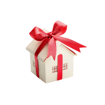A miniature house gift wrapped with a red ribbon bow. isolated png
