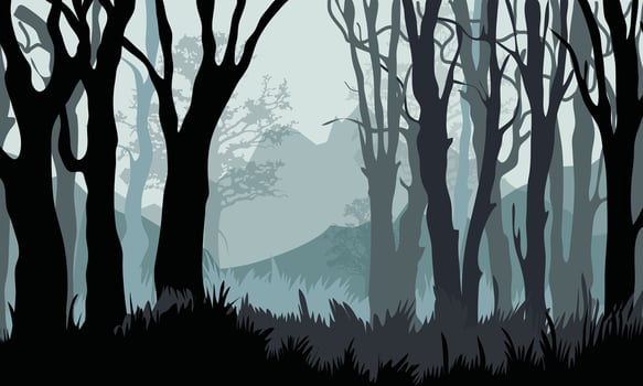 a dark mystical forest with silhouetted trees and foggy mountain layers in the background vector