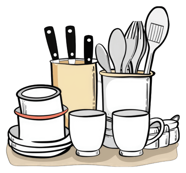 Kitchen Utensils and Dishes Arranged Neatly on a Counter png