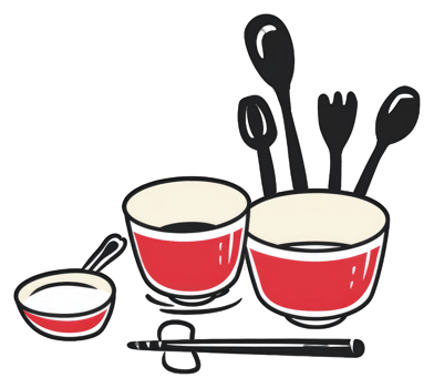Red bowls spoons forks and chopsticks in cartoon style png
