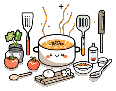 Cute Cartoon Illustration Of Soup Cooking Ingredients And Utensils png