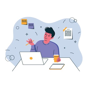 Man with dark hair drinks coffee, holds a pen and communicates on a computer, notes on the wall, a flat illustration, business situation vector