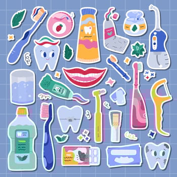 Big cartoon sticker set about dental care and stomatology for planners, notebooks. Ready for print list of lovely hand drawn stickers clipart of cleaning tools, tooth characters, oral care products. vector