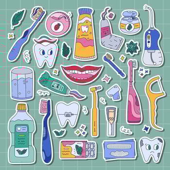 Big colorful doodle sticker set about dental care and stomatology for planners, notebooks. Ready for print list of lovely hand drawn stickers of cleaning tools, tooth characters, oral care products. vector