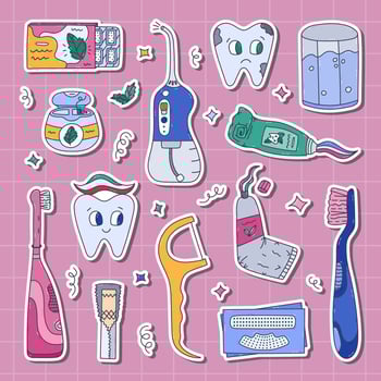 Childish teeth treatment sticker set with dental products and tools for planners, notebooks, diary. Ready for print list of colourful hand drawn doodle. Dentistry concept, cheerful tooth character. vector