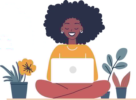 A cheerful African American woman enjoying remote work on her laptop in a comfortable home setting. vector