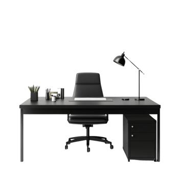 Modern Black Office Workspace with Desk Chair and Lamp png