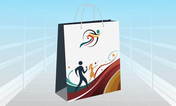 a shopping bag with a logo and people on it vector