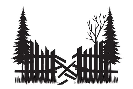 Broken Wooden Fence Silhouette with Trees Illustration vector