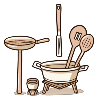 Cartoon illustration of kitchen utensils and cookware png