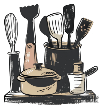 Kitchen Utensils Arranged Neatly On A Wooden Shelf png