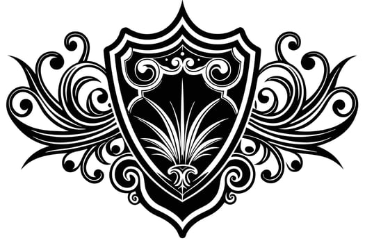 Ornate shield emblem with decorative flourishes vector