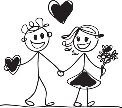 stick figure of a couple holding hands and holding a heart vector