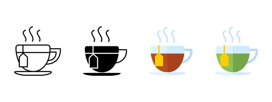 Cup of hot tea icon. Tea bag in a mug symbol. Green, herbal and black tea in drinking glass sign. Breakfast symbol. vector