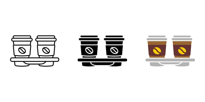 Stand with two paper coffee cup icon. Cappuccino or latte illustration. Cafe hot drink symbol. Coffee break sign. Disposable cup beverage pictogram. vector