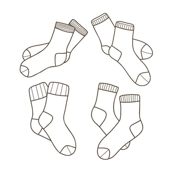 Set of hand drawn illustrations of warm socks. Knitted wool clothing. Outlines of elements of winter clothing. vector