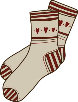 Cozy warm red and beige socks doodle clipart. Illustration in trendy doodle style isolated on white background. Clothing for winter, New Year and Christmas design. Exclusive design element, badge vector