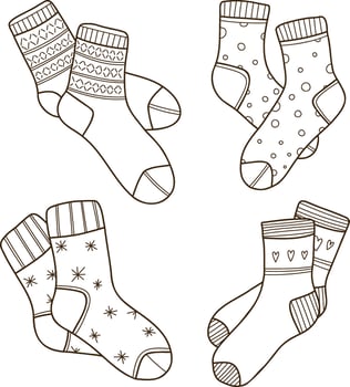 A set of hand-drawn illustrations of warm socks with patterns. Knitted wool clothes. Outlines of clothing items. vector