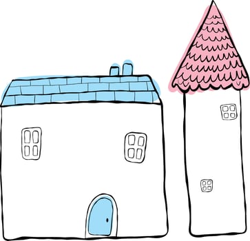Set of houses, blowing. Children's illustration, hand-drawn, imitation ink. House with a blue roof and a house with a spicy pink roof vector