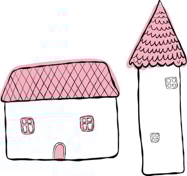 Set of houses, blowing. Children's illustration, hand-drawn, imitation ink. Small and large houses with a pink roof. vector