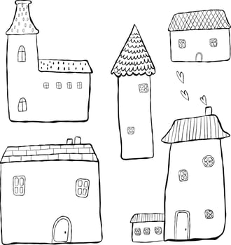 Set of houses, imitation ink, hand drawn. Cute houses with tiled roofs. Linear illustration, doodles, black and white pictures vector