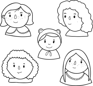 Cute girls icons linear drawing, black and white vector
