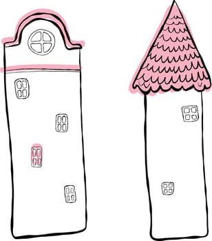 Set of houses, blowing. Children's illustration, hand-drawn, imitation ink. Houses with pink roofs vector