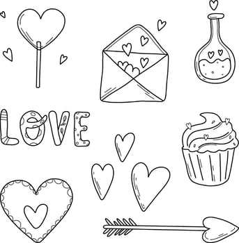 A set of elements for a declaration of love. Linear illustration. Hearts, love letters vector