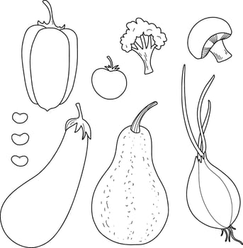 Set of vegetables, linear illustrations hand drawn. Eggplant, pepper, onion, champignon, beetroot, cucumber. vector