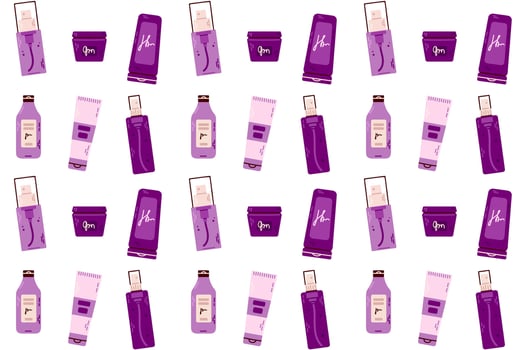 Hair Care Essentials pattern. A collection of hair care essentials, including shampoos, conditioners, and styling products, in purple and pink tones. Ideal for beauty branding and packaging vector