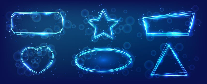 Set of six neon frames in different geometric forms with shining effects and sparkles on dark background. Empty glowing techno backdrop. illustration vector