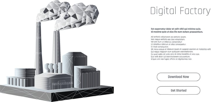 Digital factory showcasing modern industrial design with geometric shapes and smoke stacks against a clean background. vector
