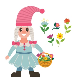 Cute spring garden girl gnome with basket with flowers and cute hat in cartoon flat style. vector