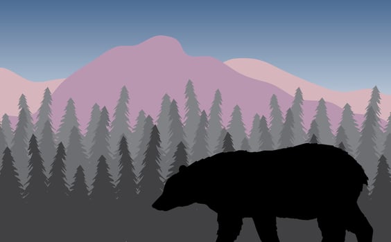 Grizzly bear silhouette in flat colored landscape with spruce tree forest and mountains vector