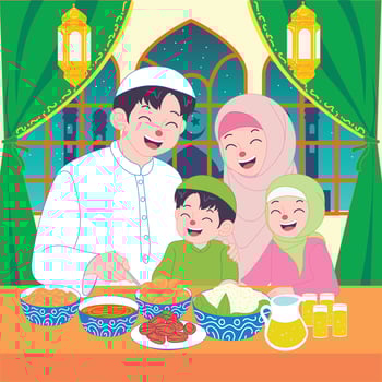 Happy Muslim family breaking fast in Ramadan, enjoying iftar meal together with traditional food at home. vector