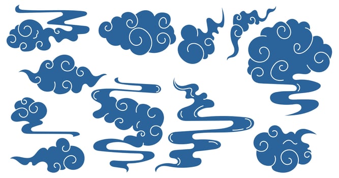 Set of Japanese or chinese clouds style, traditional ornament, blue decorative clouds vector