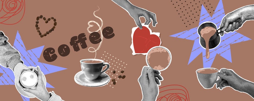 Trendy halftone collage. Set of halftone effect hands holding a cup with hot coffee on abstract background. Background color mocha mousse vector