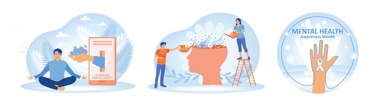Illustrations depicting awareness, support, wellbeing and improving mental health. vector