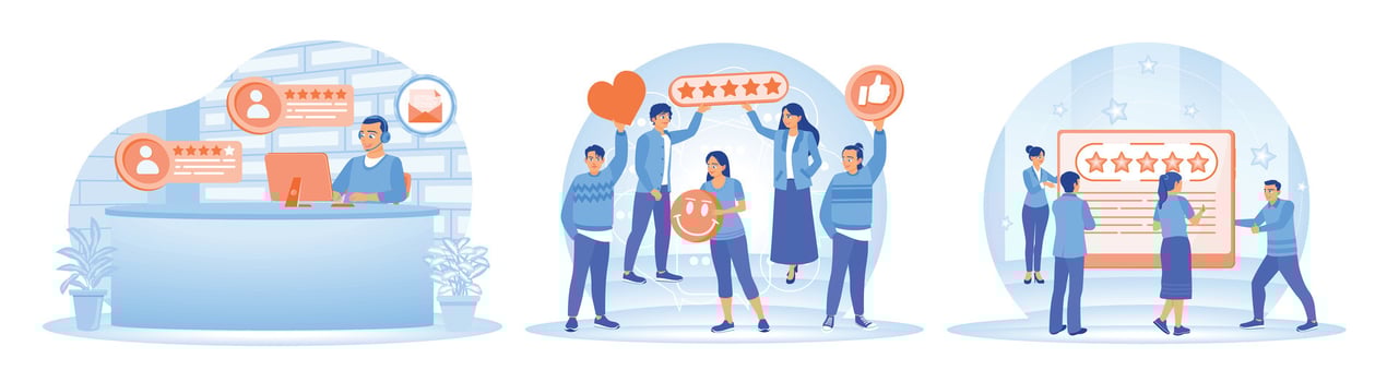 Illustrations depicting customer feedback, ratings, and online reviews interaction. vector