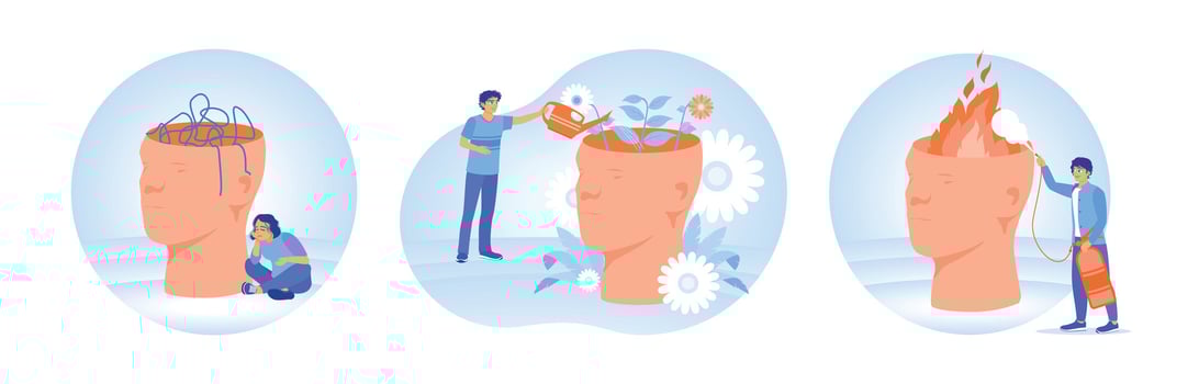 Three illustration depicting Mental health and stress management, happy thoughts, and self-care. vector