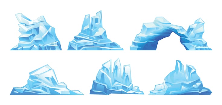 Set of icebergs with various shapes, drifting glacier. South and North Pole. cartoon illustration vector