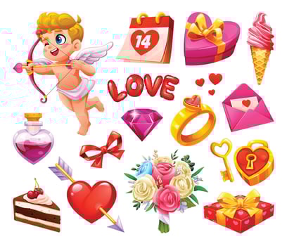 Collection of love and Valentine's Day symbols like heart, gifts, and cupid. cartoon illustration vector