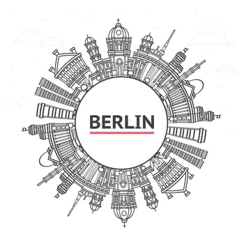Outline Berlin Germany City Skyline with Historical Buildings and copy space Isolated White. Berlin Cityscape with Landmarks. vector