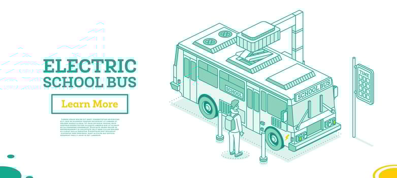 Isometric Electric School Bus on Charging Station. Ecological Public Transport. Outline Concept. vector