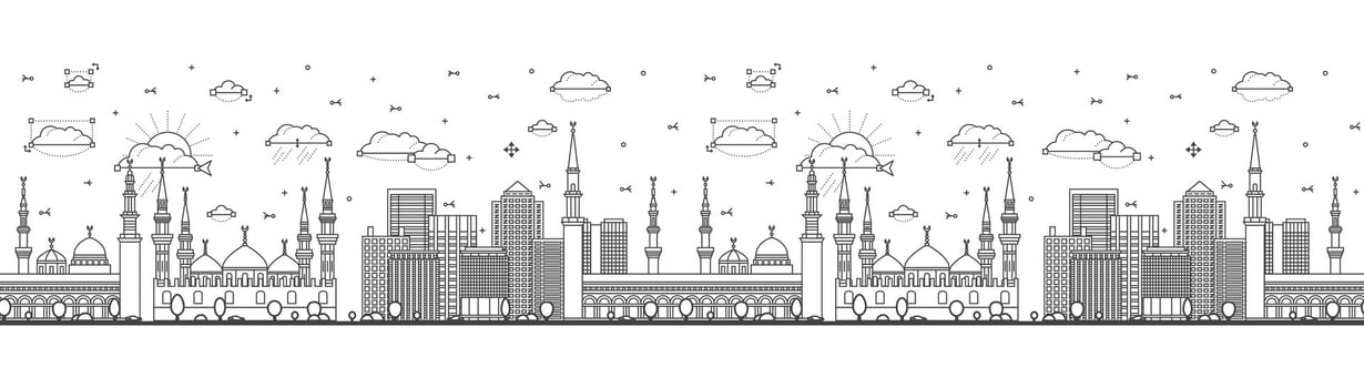 Seamless pattern with Outline Medina Saudi Arabia City Skyline with Modern and Historic Buildings Isolated on White. Medina Cityscape with Landmarks. vector