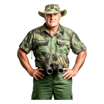 Confident Male Ranger in Camouflage Outfit with Binoculars in Nature png