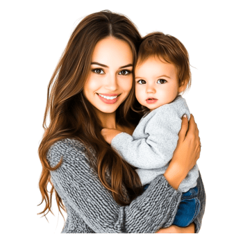 Smiling Mother Embracing Toddler in Cozy Sweater Setting png