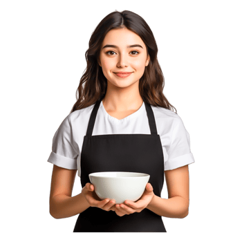 Smiling Young Woman Holding White Bowl in Kitchen Environment png